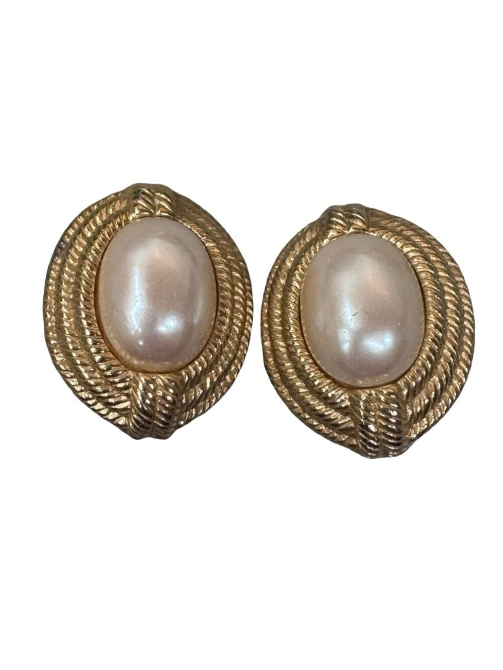 Givenchy Vintage Gold Tone Clip On Earrings Oval Faux Pearl Center Rope Detail